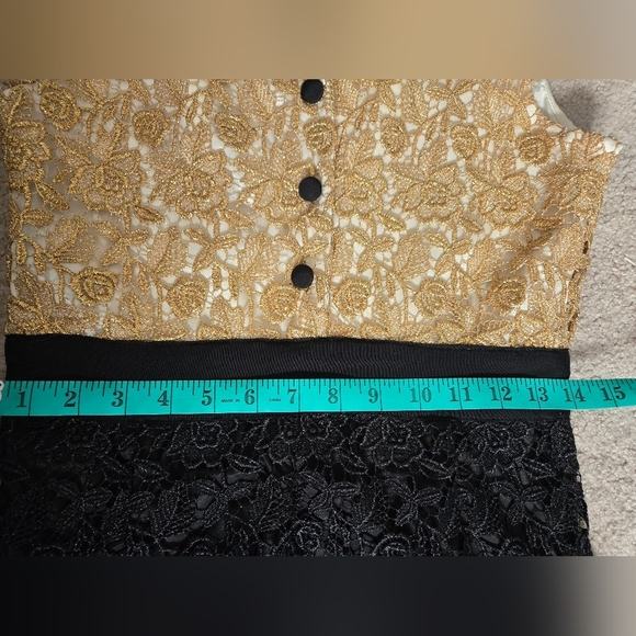 MILLY OF NEW YORK Gold and Black Lace Midi Dress with Waist Bow. Size 4 - Picture 15 of 16